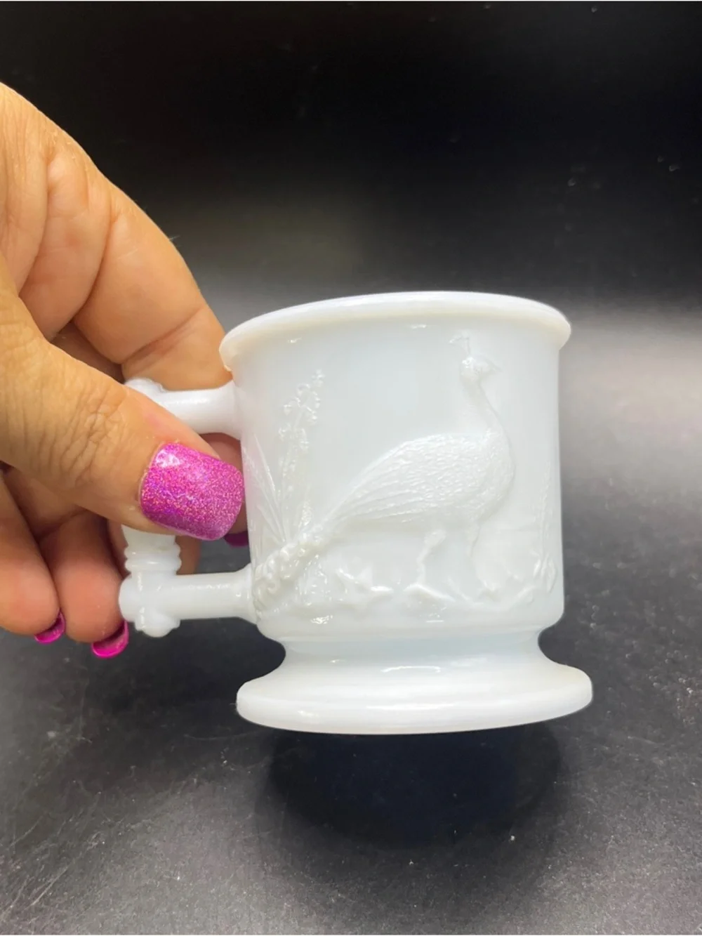 Antique EAPG Atterbury Milk Glass Child Mug Robin Bird Wheat Eastlake 1880s
